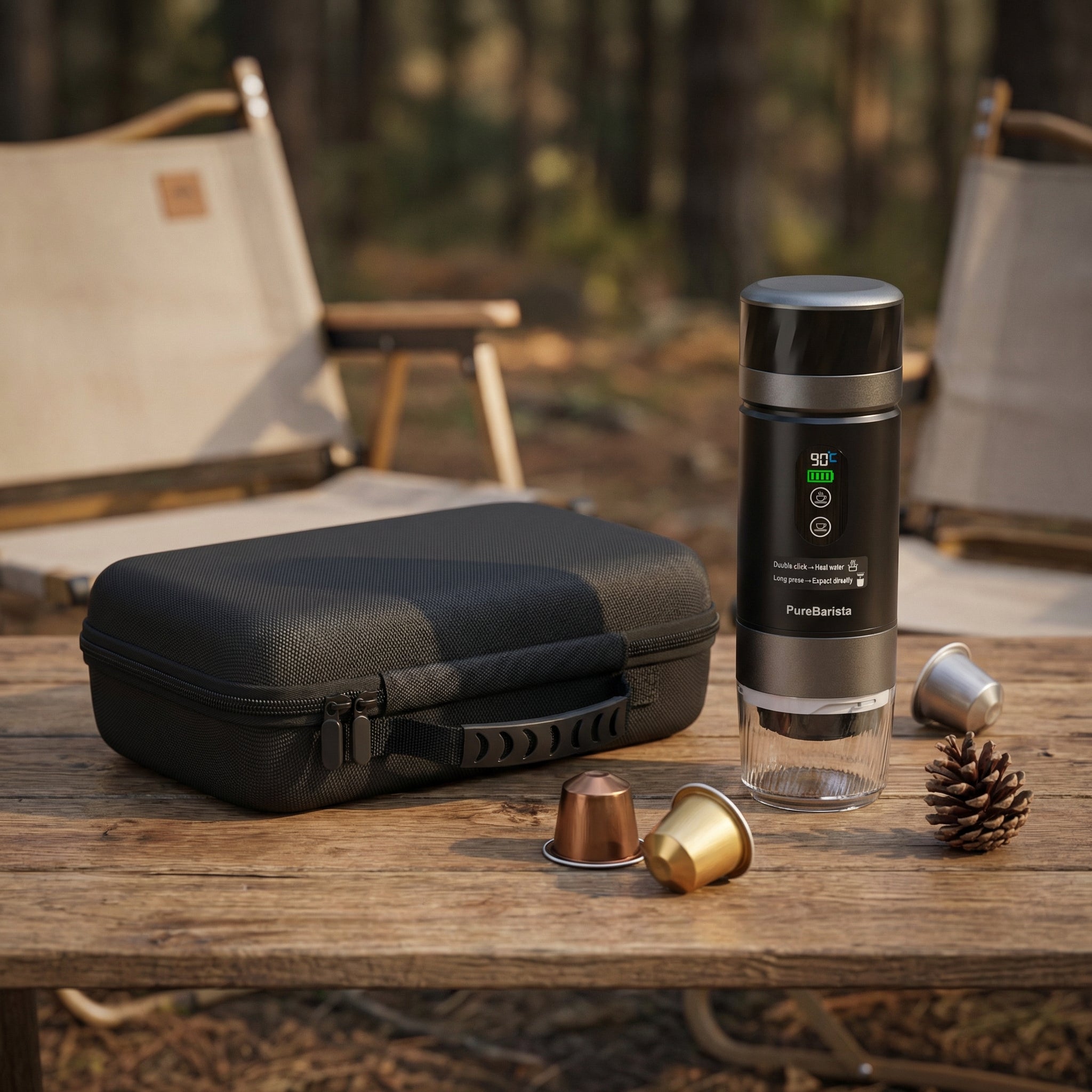 PureBarista in the woods on the campsite