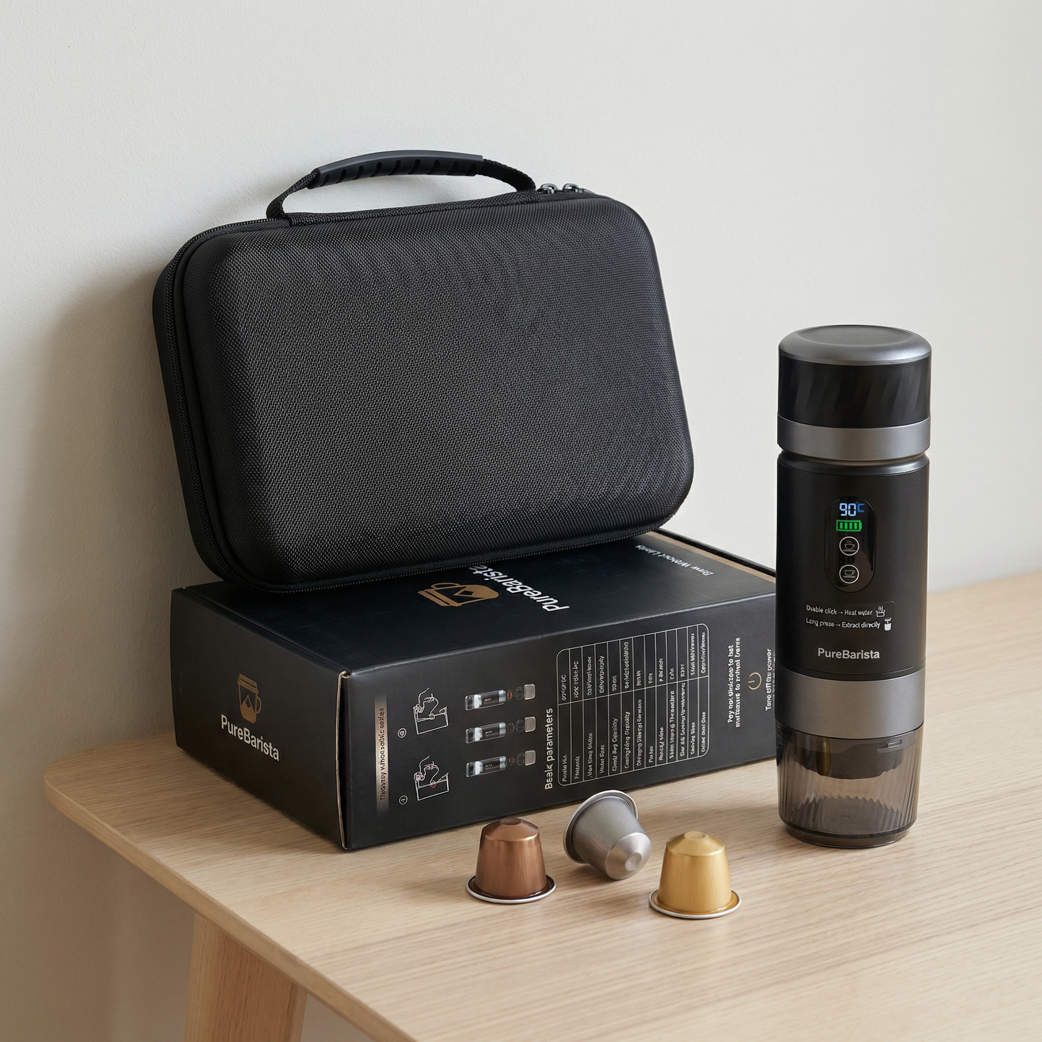 PureBarista draagbare koffiemachine tegen muur - compact design